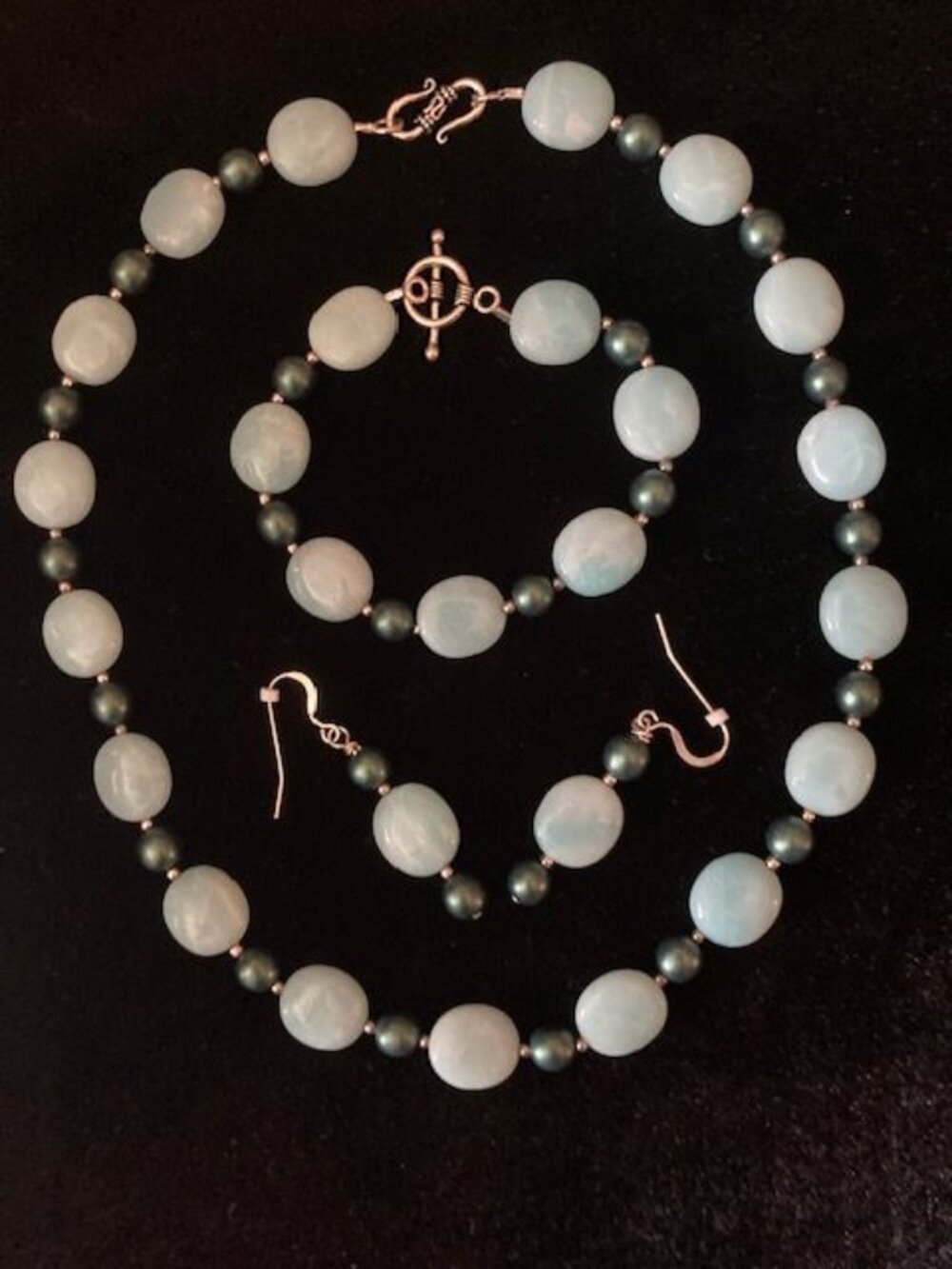 Two Shades of Green Stone Beaded Necklace, Bracelet and Earring Set